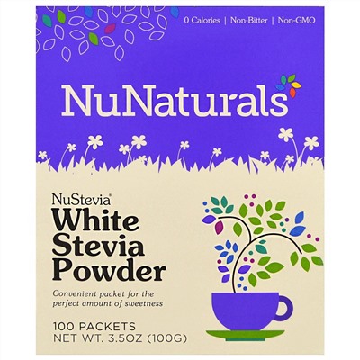 NuNaturals, NuStevia, белый порошок стевии, 100 пакетиков, 100 г (3,5 унции)