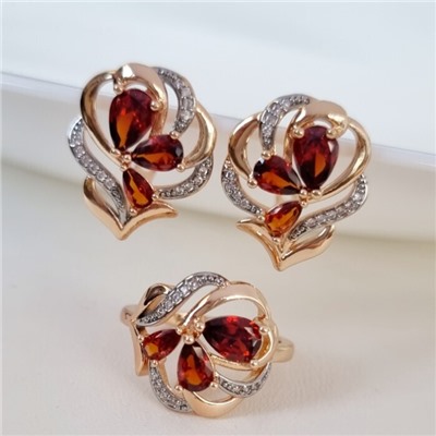 Комплект ювелирная бижутерия коллекция  "Дубай" серьги и кольцо 18 р, покрытие: позолота, вставка: фианиты, цвет: красный, Уценка, арт.08.3316 (217.286-18 )