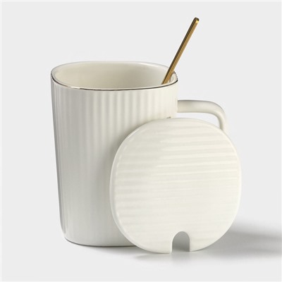 Кружка Simple, 320 мл, 14.5×10.5×8.5 см, с крышкой и ложкой, керамика, белая