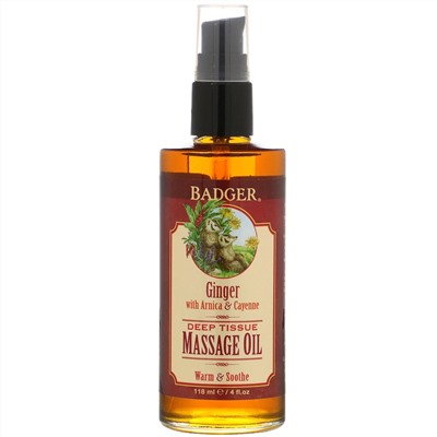 Badger Company, Deep Tissue Massage Oil, Ginger with Arnica & Cayenne, 4 fl oz (118 ml)
