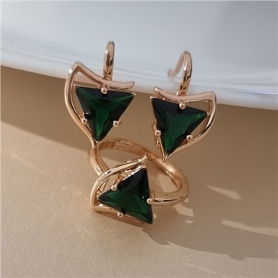 Комплект ювелирной бижутерии коллекция "Дубай" серьги и кольцо 18 р, покрытие позолота, вставка: стекло, цвет: изумрудный, арт.414.267-18