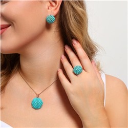 Комплект ювелирная бижутерия коллекция "Дубай" серьги, кулон и кольцо 18 р, покрытие: позолота, вставка: бусины, цвет: тиффани, арт.314.640-18