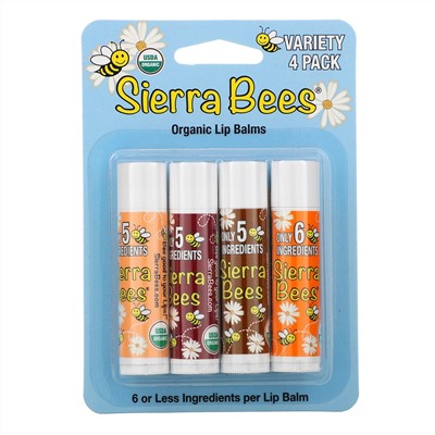 Sierra Bees, набор органических бальзамов для губ, 4 штуки, вес: 4,25 г (0,15 унции) каждый