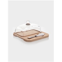 Маслёнка, 19×18×9.5 см, с ножом, на бамбуковой подставке, стекло, прозрачная