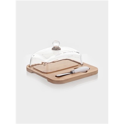 Маслёнка, 19×18×9.5 см, с ножом, на бамбуковой подставке, стекло, прозрачная