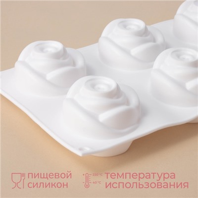 Форма для муссовых десертов и выпечки KONFINETTA «Розы», 30×17.5×6 см, 6 ячеек (6.5×6.8 см), белая