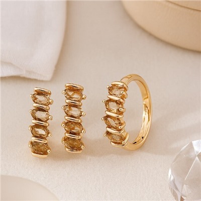 Комплект ювелирной бижутерии коллекция "Дубай" серьги и кольцо 18 р, покрытие позолота, вставка: фианиты, цвет: шампань, арт.414.220-18