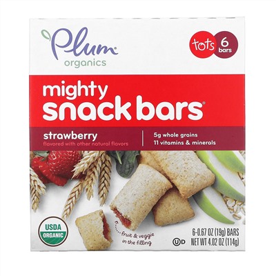 Plum Organics, Mighty Snack Bars, для малышей, клубничный вкус, 6 батончиков по 19 г (0,67 унции) каждый