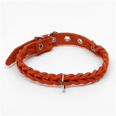 Ошейник, 1.2×36 см, ОШ 20-30 см, плетёный, кожа, оранжевый