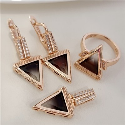 Комплект ювелирной бижутерии коллекция "Дубай" серьги, кулон и кольцо 17 р, покрытие позолота, вставка: фианиты, цвет: серый, арт.313.179-17