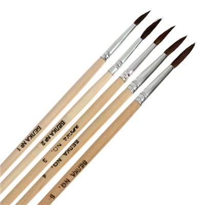Набор кистей для рисования, белка, 5 штук: № 1, 2, 3, 4, 5, круглые, деревянная ручка, международный размер