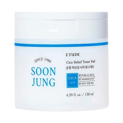 ETUDE Успокаивающие тонер-пэды с экстрактом центеллы / Soon Jung CICA Toner Pad, 130 мл