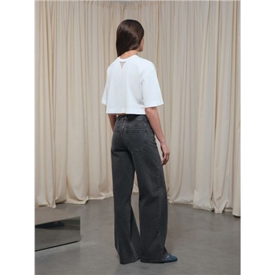 Актуальная коллекция CONTE CON-802 Чёрные джинсы wide leg с эффектом потёртостей и двойными шлёвками