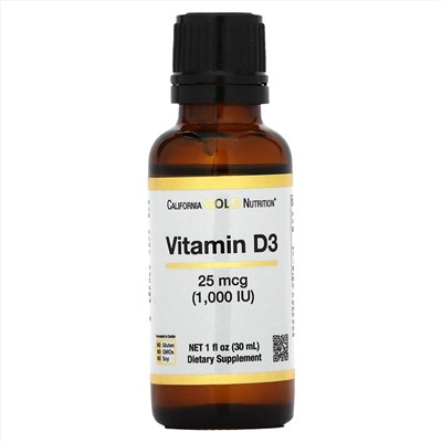 California Gold Nutrition, витамин D, 25 мкг (1000 МЕ), 30 мл (1 жидк. унция)