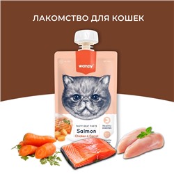 Wanpy Cat Лакомство для кошек Мясной мусс из лосося и курицы с морковью 90 г
