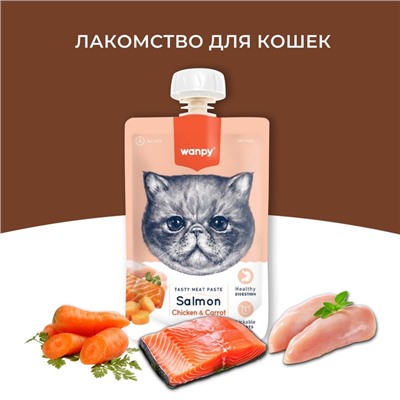 Wanpy Cat Лакомство для кошек Мясной мусс из лосося и курицы с морковью 90 г