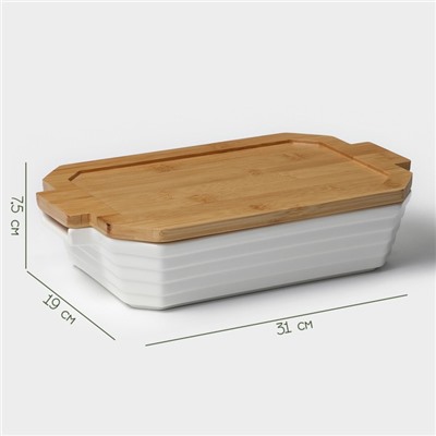 Форма для запекания BellaTenero, 1.6 л, 31×19×7.5 см, с бамбуковой крышкой, керамика, белая