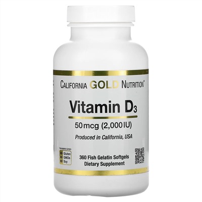 California Gold Nutrition, витамин D3, 50 мкг (2000 МЕ), 360 рыбно-желатиновых капсул