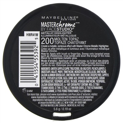 Maybelline, Master Chrome, хайлайтер с металлическим блеском, оттенок Molten Topaz 200, 6,7 г