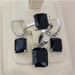 Комплект ювелирной бижутерии коллекция "Дубай" серьги, кулон и кольцо 19 р покрытие посеребрение, вставка: стекло, цвет: черный, арт.215.591-19