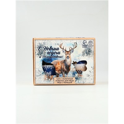 Подарочный набор новогодний «С новым годом и Рождеством», мёд с пыльцой 250 г, чай 50 г, ложка