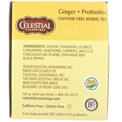 Celestial Seasonings, Травяной чай, имбирь + пробиотики, без кофеина, 20 чайных пакетиков, 1,1 унции (31 г)