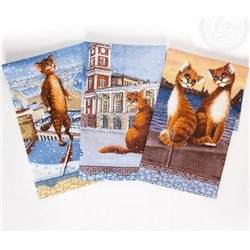 К-т полотенец "Питерские коты" 50*60 см. - 3 шт. рогожка хлопок 100%