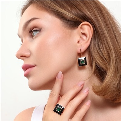 Комплект ювелирной бижутерии коллекция "Дубай" серьги и кольцо 18 р, покрытие позолота, вставка: цветная эмаль и крупный фианит, цвет: зеленый и черный, арт.215.337-18