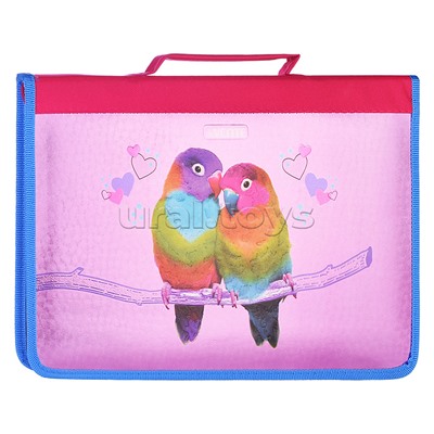 Папка для тетрадей, ИЗО и технологии "Lovebirds" A4 (33,7x23x3 см) с ручкой, на молнии с трех сторон, картон с покрытием из фольги с конгревным тиснением
