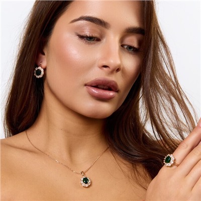 Комплект ювелирной бижутерии коллекция "Дубай" серьги, кулон и кольцо 20 р, покрытие позолота, вставка: фианиты, цвет: зеленый и прозрачный, арт.414.186-20