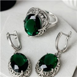 Комплект ювелирной бижутерии с крупным камнем серьги и кольцо 20 р, цвет: зеленый, Уценка, арт.08.3412 (213.921-20)