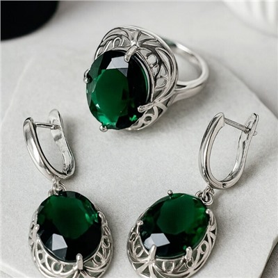 Комплект ювелирной бижутерии с крупным камнем серьги и кольцо 17 р, цвет: зеленый, Уценка,арт.08.3408 (213.921-17)