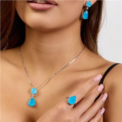 Комплект ювелирной бижутерии коллекция "Дубай" серьги, кулон и кольцо 20 р, покрытие посеребрение, вставка: стекло, цвет: голубой матовый, арт.414.183-20