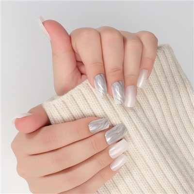 Накладные ногти «Зебра», 24 шт., с клеевыми пластинами, форма мягкий квадрат, белые, серебристые