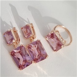 Комплект ювелирная бижутерия коллекция  "Дубай" серьги и кольцо 17 р, покрытие: позолота, вставка: фианиты, цвет: розовый, арт.313.010-17