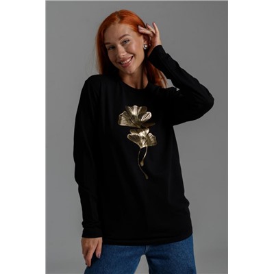 8519/1 Футболка с длинным рукавом женская (Черный_листья)