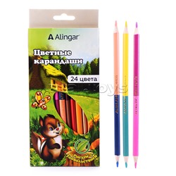 Карандаши цветные двусторонние Alingar 12/24 цв., "Сказочный мир" деревянные, трехгранные, заточенные, золото=серебро, грифель 3.0 мм, картон. уп., ев