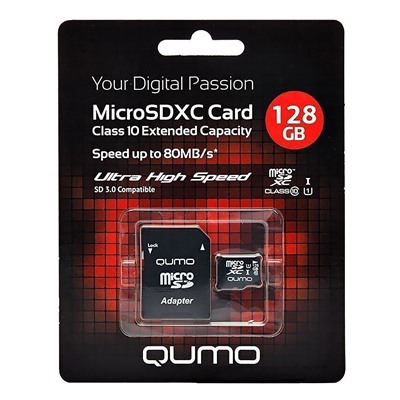 Карта флэш-памяти MicroSD 128 Гб Qumo +SD адаптером UHS-I 3.0