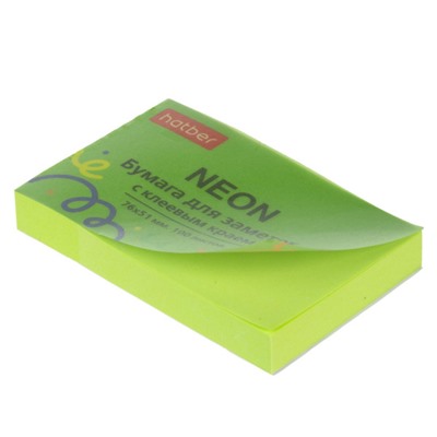 Бумага для заметок с клеевым краем 76х51 мм 100 листов "NEON" зеленая 090326 Хатбер