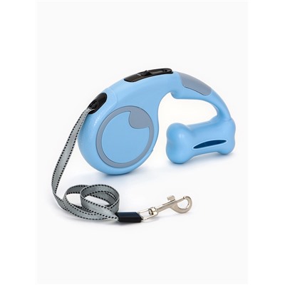 Рулетка - поводок «Косточка», 3 м, с контейнером для пакетов, пластик, голубая
