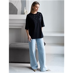 Футболка оверсайз с принтом пайетками из премиального хлопка с эластаном