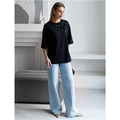 Футболка оверсайз с принтом пайетками из премиального хлопка с эластаном