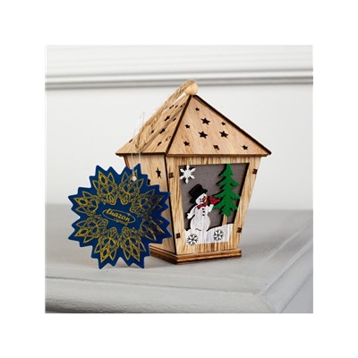 Ёлочная игрушка «Фонарь со снеговиком», 11×8×8 см, от батареек, свечение тёплое белое