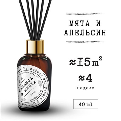 Ароматический диффузор BAGO home, мята и апельсин, с палочками, для дома, 40 мл