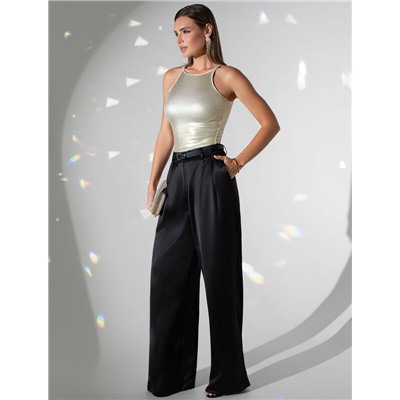 Топ с закрытым декольте из хлопка с эластаном в рубчик с матовым покрытием металлик