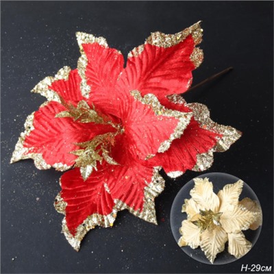 Цветок декоративный Пуансеттия красная с золотом / P15 /уп 48/480/