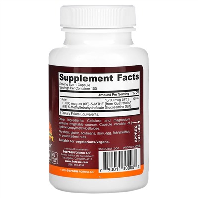 Jarrow Formulas, метилфолат, 1000 мкг, 100 вегетарианских капсул