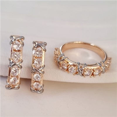 Комплект ювелирной бижутерии коллекция "Дубай" серьги и кольцо 18 р, покрытие позолота, вставка: фианиты, цвет: прозрачный, арт.314.832-18