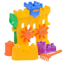 Набор №466: Песочная мельница "Крепость", лопатка №5, грабельки №5, формочки (замок мост + замок башня + замок стена с двумя башнями)