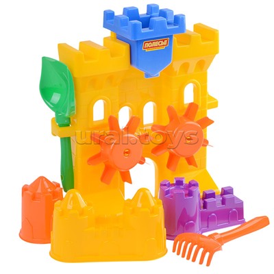 Набор №466: Песочная мельница "Крепость", лопатка №5, грабельки №5, формочки (замок мост + замок башня + замок стена с двумя башнями)